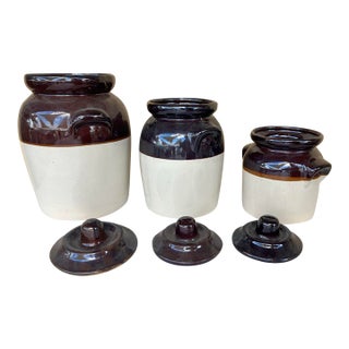 Vintage Two-Tone Stoneware Canister Set With Lids - 3 Pieces For Sale