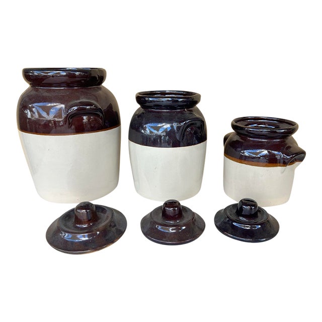Vintage Two-Tone Stoneware Canister Set With Lids - 3 Pieces For Sale