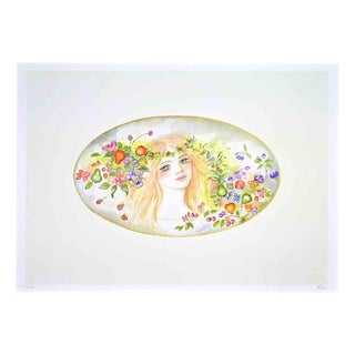 Felicita Frai, Portrait with a Garland of Flowers, 1980s, Lithograph For Sale
