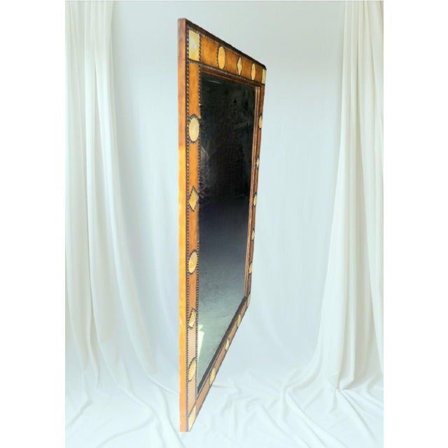 1990s ​vintage Grand Scale Studded Leather and Mother-of-Pearl Inset Wall Mirror For Sale - Image 5 of 12
