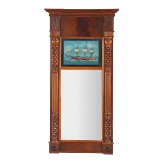 Early 19th Century Sheraton Mahogany Wall Mirror With Eglomise Panel of Red Jacke For Sale