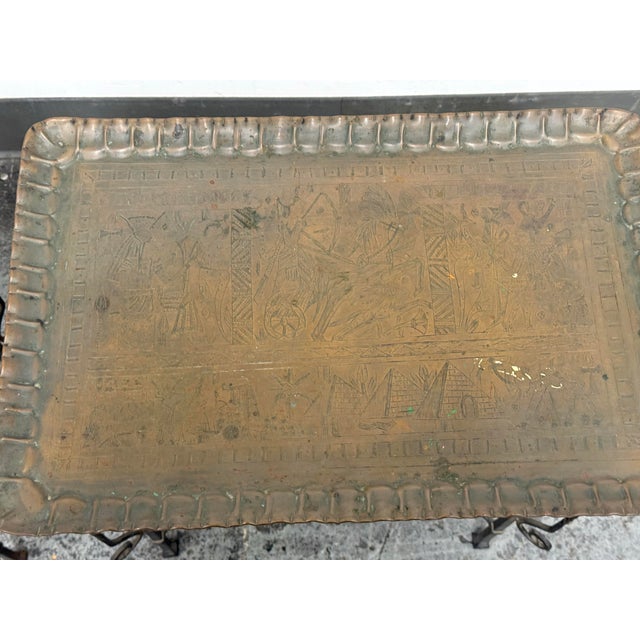 Late 20th Century Egyptian Vintage Brass Tray + Wrought Iron Side Tables, Pair For Sale - Image 5 of 12