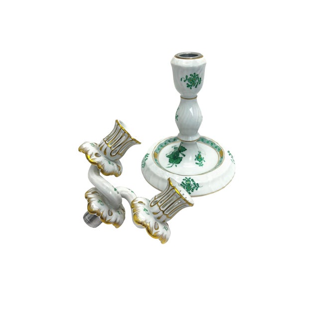 Ceramic Handpainted Apponyi Green 7915 Double Candleholder from Herend, Hungary, 1960s For Sale - Image 7 of 10