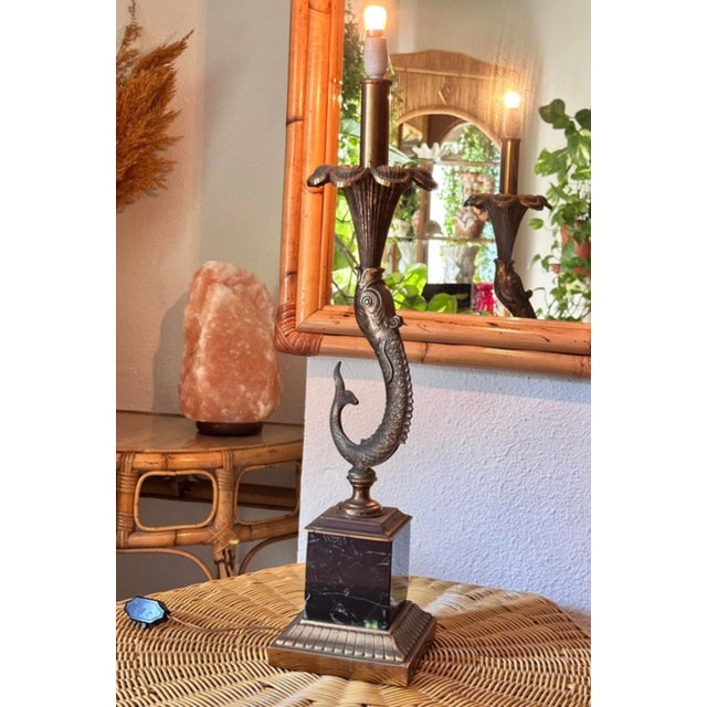 1960s Vintage Table Lamp with Bronze Dolphin on Black Marble Base, 1950 For Sale - Image 5 of 14