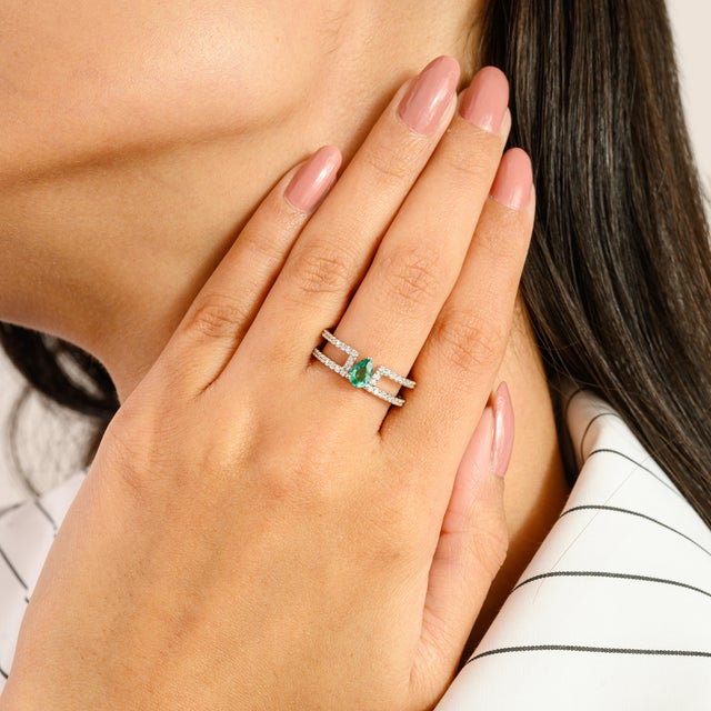 Not Yet Made - Made To Order 14k White Gold Pear Emerald and Diamond Split Band Ring Size 7 For Sale - Image 5 of 14