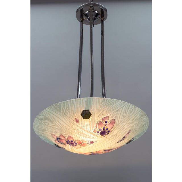 Metal Art Deco French Floral Glass and Chrome Pendant Light from Loys Lucha, 1930s For Sale - Image 7 of 18