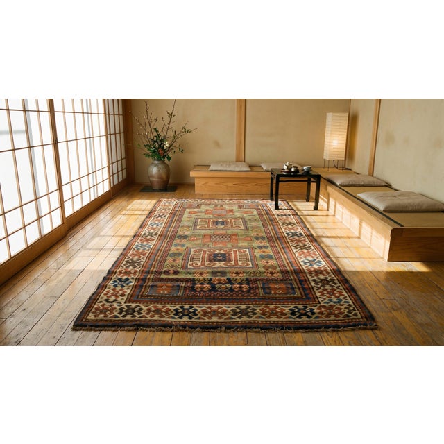 1880s Green Medallion Tribal Antique Caucasian Karachopf Kazak Rug 4' X 7'8" Hand Knotted Wool Carpet For Sale - Image 9 of 9