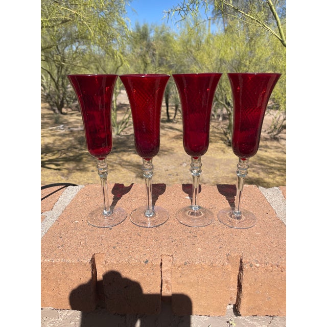 Vintage Ruby Red Ribbed Champagne Flutes - Set of 4 For Sale - Image 4 of 7