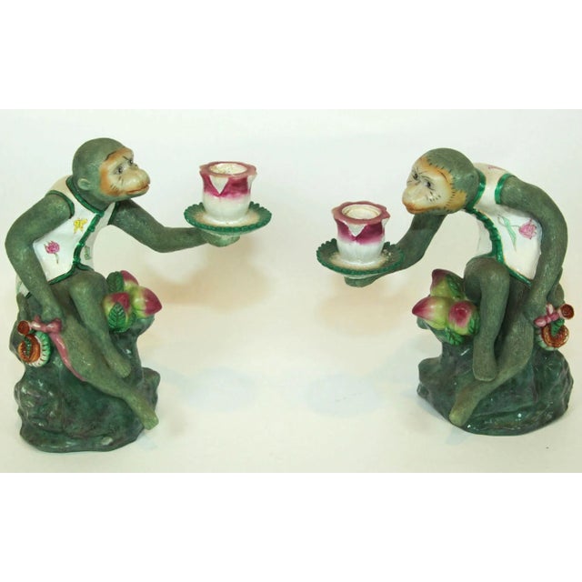 Chinoiserie Pair of Vintage Chinoiserie Monkey Lotus Candleholders, Painted Resin For Sale - Image 3 of 13