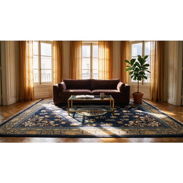 Traditional Floral-Medallion Design in a Navy Background Color Antique Chinese Peking Rug For Sale - Image 13 of 15