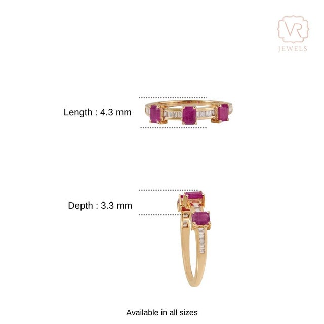 14k Gold Emerald-Cut Ruby & Baguette Diamond Modern Band Ring Size 5 For Sale - Image 12 of 18