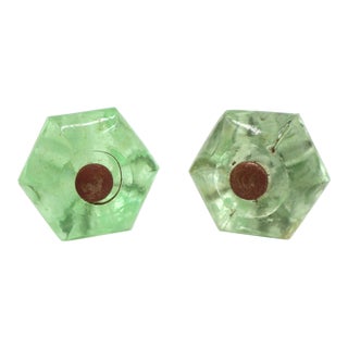 Pair of Vintage 1.25 In. Hexagon Green Glass Cabinet Knobs For Sale