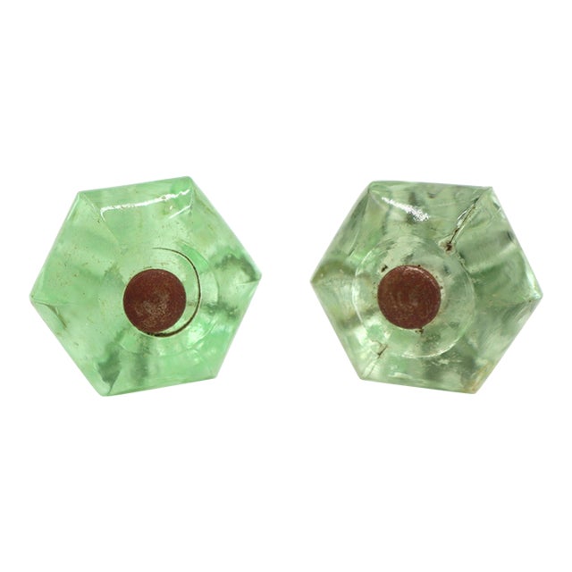 Pair of Vintage 1.25 In. Hexagon Green Glass Cabinet Knobs For Sale