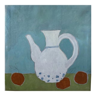 Tina Shenk. Still Life Painting 27.6" X 27.6", White Teapot, Orange Fruit, Modern Teal & Green Still Life, Handmade Canvas For Sale