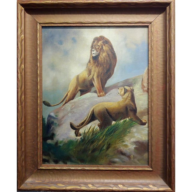 Pair of Lions - 19th century Victorian Oil painting on canvas oil painting on canvas -Signed with monogram AC circa...