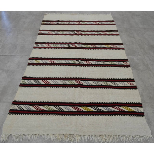 Vintage Natural Stripe Turkish Cotton Kilim Rug - 4′3″ × 8′ For Sale - Image 5 of 9