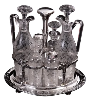Silver and Glass Cruet Set from Menage Odiot Paris, 1894, Set of 7