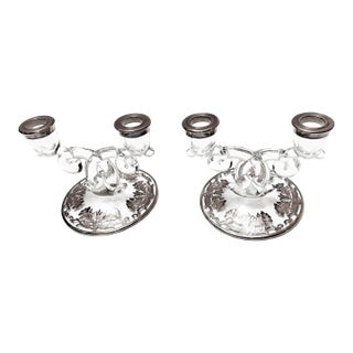 Mid Century Fostoria Baroque Cut Glass, Silver Plate Floral Overlay Double Arm Candlestick Holders - a Pair For Sale