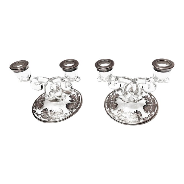 Mid Century Fostoria Baroque Cut Glass, Silver Plate Floral Overlay Double Arm Candlestick Holders - a Pair For Sale