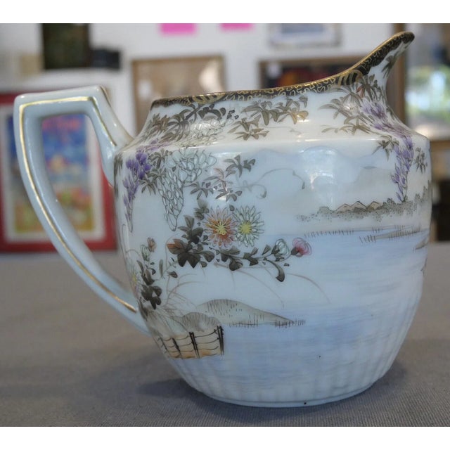 Japanese Circa 1920 Japanese Kutani Porcelain Landscape/Floral/Bird Motifs Lobed Body Creamer Pitcher (Taisho Period) For Sale - Image 3 of 6