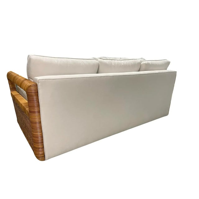 French Crespi Style Rattan Sofa With Quadrille Upholstery For Sale - Image 3 of 12