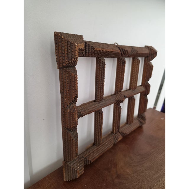 Antique Tramp Art Photo Frame, Folk Art Wooden Picture Frame, Black Forest Style Cabinet Card Holder, Rustic Wall Display For Sale - Image 6 of 12
