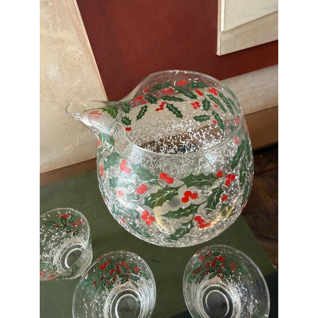 Vintage West Virginia Glass Holly Pattern Brandy Snifter With Three Glasses Holiday Barware Set For Sale - Image 9 of 10