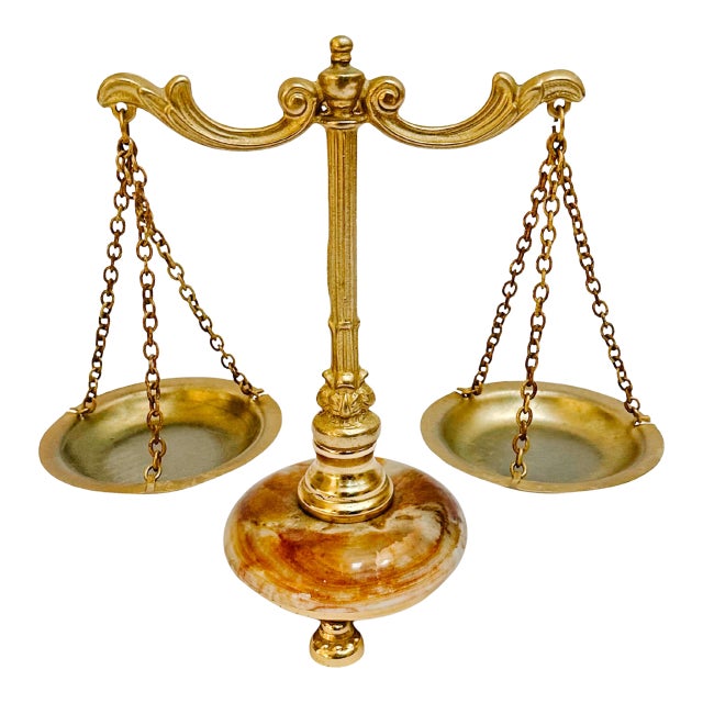 Early 20th Century Miniature French Decorative Scale With Polished Brass Frame & Tiger-Eye Onyx Base For Sale