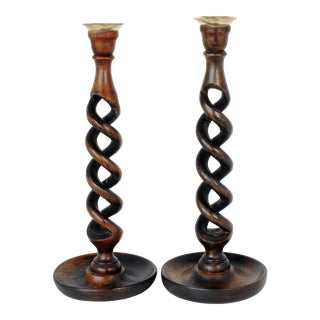 Large English Oak Open-Twist Candleholders, Pair For Sale