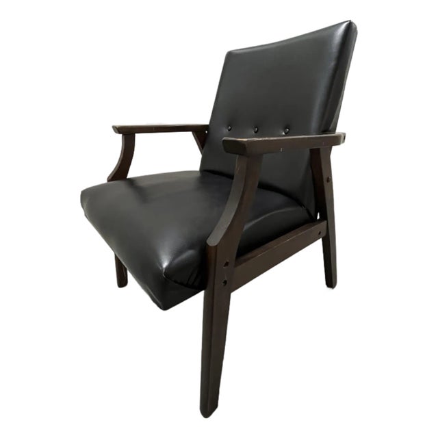 Mid-20th Century Black, Button-Tufted, Faux Leather Accent Chair With Wooden Legs & Arms - Vintage Charm! For Sale