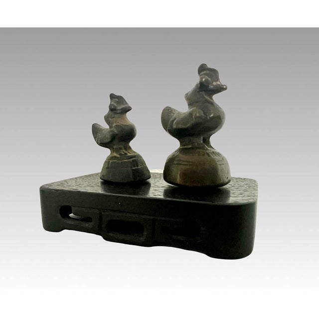 Rustic Antique South East Asian Bird Style Opium Weights, a Pair With Carved Wood Stand For Sale - Image 3 of 8