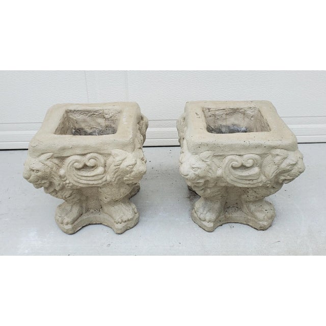 Gray Pair of Early 20th Century Painted Square Cast Stone Lion's Heads and Paw Feet Planters For Sale - Image 8 of 13