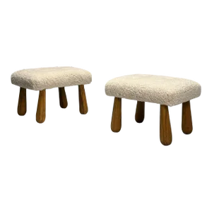 Contemporary, Danish Mid-Century Modern Style, Small Benches, Shearling, Maple