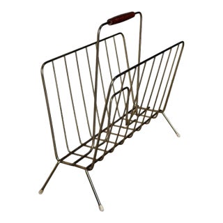 Brass Wire Magazine Holder With Wood Handle Mid-Century Modern 1960s For Sale