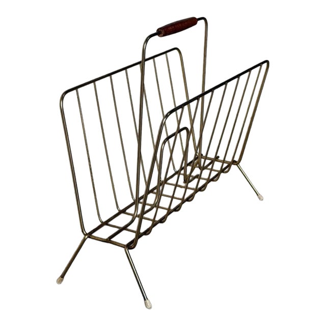 Brass Wire Magazine Holder With Wood Handle Mid-Century Modern 1960s For Sale