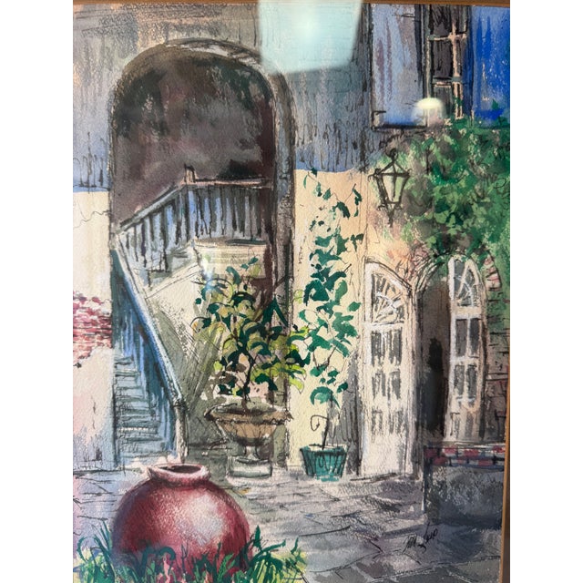 Vintage Impressionist Courtyard Still Life Watercolor on Paper – Framed For Sale - Image 12 of 13