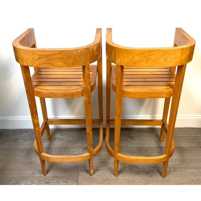 Pair Architectural Solid Teak Bar Stools Attributed to Palecek, Organic Modern For Sale - Image 12 of 14