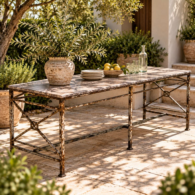 Industrial Vintage Iron Table With Stone Top For Sale - Image 3 of 7