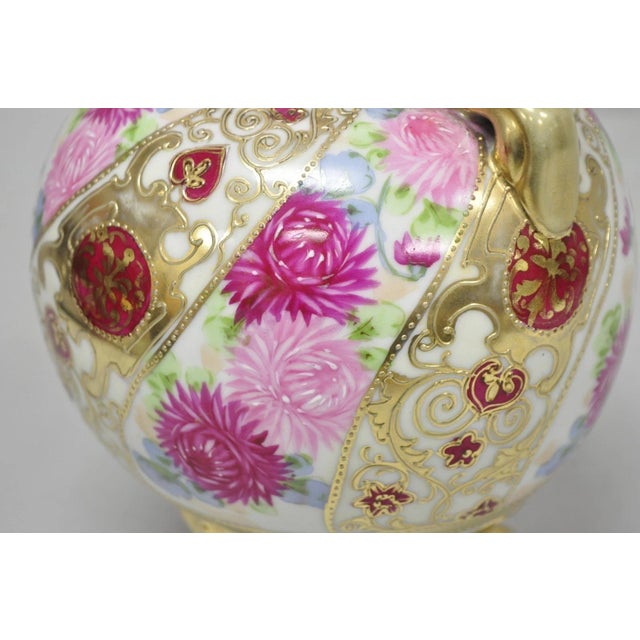 Antique Nippon Moriage Porcelain Twin Handle Ball Vase W/ Hand Painted Roses For Sale - Image 11 of 14