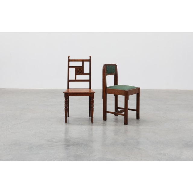 A refined Belgian oak side chair that beautifully captures the transition from late Arts & Crafts craftsmanship to the...