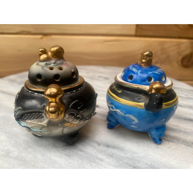 Late 20th Century Moriage Hand-Painted Porcelain Incense Holders- a Pair For Sale - Image 4 of 9