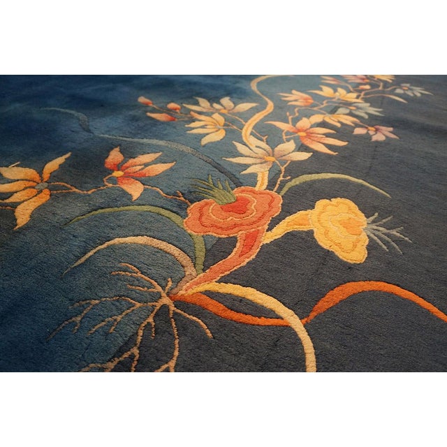 1930s Royal Blue Solid Floral Modernist Antique Chinese Art Deco Gallery Rug For Sale - Image 10 of 12