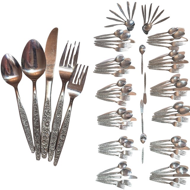Complete 12 Settings Plus Stainless Repousse Flatware - Set of 76 For Sale - Image 12 of 12