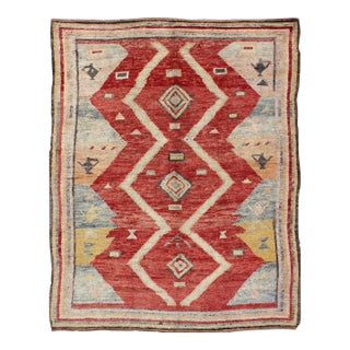 Antique Turkish Oushak Rug With Bold Red, Soft Blue, and Golden Accents For Sale