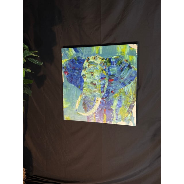 Teal Late 20th Century Blue Teal Textured Elephant Oil Painting For Sale - Image 8 of 8