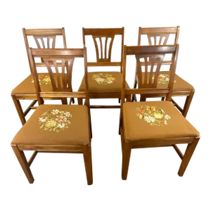 Mid-Century Americana Folk Art Flora Needlepoint Seat Dining Chairs - Set of 5