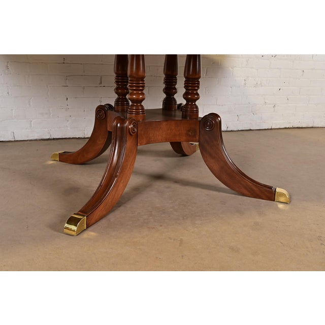 1980s Baker Furniture Style Georgian English Yew Wood Pedestal Extension Dining Table, Newly Refinished For Sale - Image 11 of 13