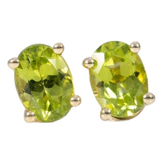Peridot Four-Prong Stud Earrings in Solid 14k Gold - Oval, 7×5mm - Fine Jewelry, Pair For Sale