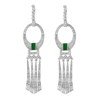 2 Carat Colombian Emerald Cut Emerald Diamond Drop / Cocktail Earrings Platinum For Sale
