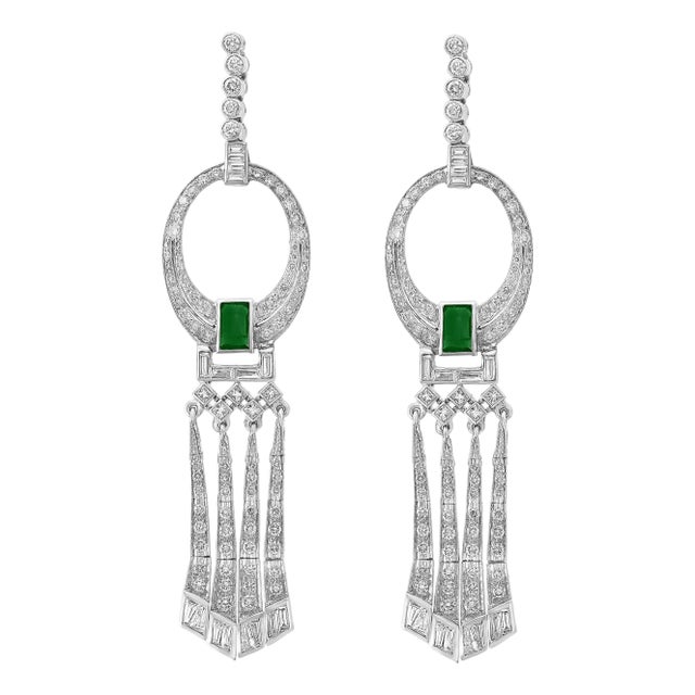 2 Carat Colombian Emerald Cut Emerald Diamond Drop / Cocktail Earrings Platinum For Sale